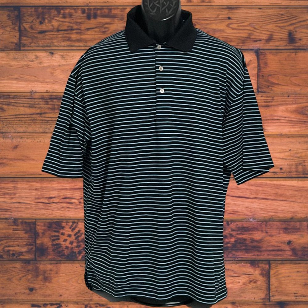 Peter Millar Short Sleeve Polo Shirt, Black/Blue Striped, Cotton, Large L